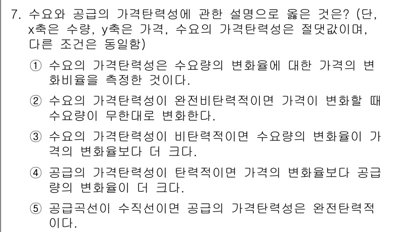 공인중개사_1차 2021년 7번 - 공급과 수요의 가격 탄력성은 가격 변화에 대한 수요의 변화 비율을 나타내... 에 관한 핵심 기출문제