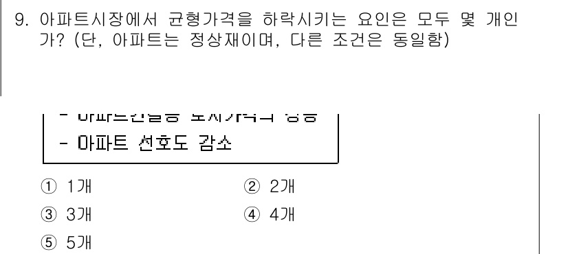 공인중개사_1차 2021년 9번 - 정답은 2개입니다. 아파트 시장에서 하락시킬 요인은 주택 공급 과잉과 금... 에 관한 핵심 기출문제