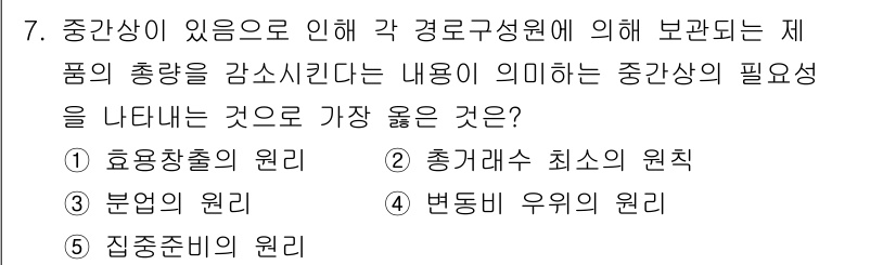 유통관리사_2급 2021년 7번 - 정답은 5번 "집중화의 원리"입니다. 중간상이 존재하면 전체 제품의 양이... 에 관한 핵심 기출문제
