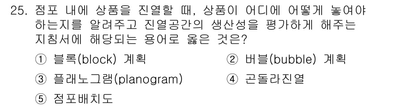 유통관리사_3급 2021년 25번 - 정답은 3번 '플래너(planogram)'입니다. 플래너는 상품의 배치와... 에 관한 핵심 기출문제