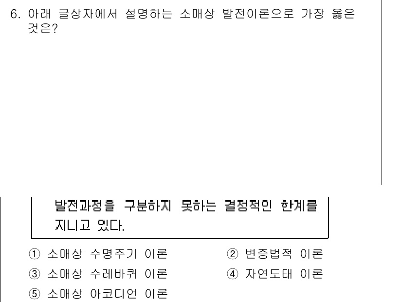 유통관리사_3급 2021년 6번 - 정답은 5. 소매상품 아키텍처 이론이다. 이 이론은 소매상에서 상품 배치... 에 관한 핵심 기출문제