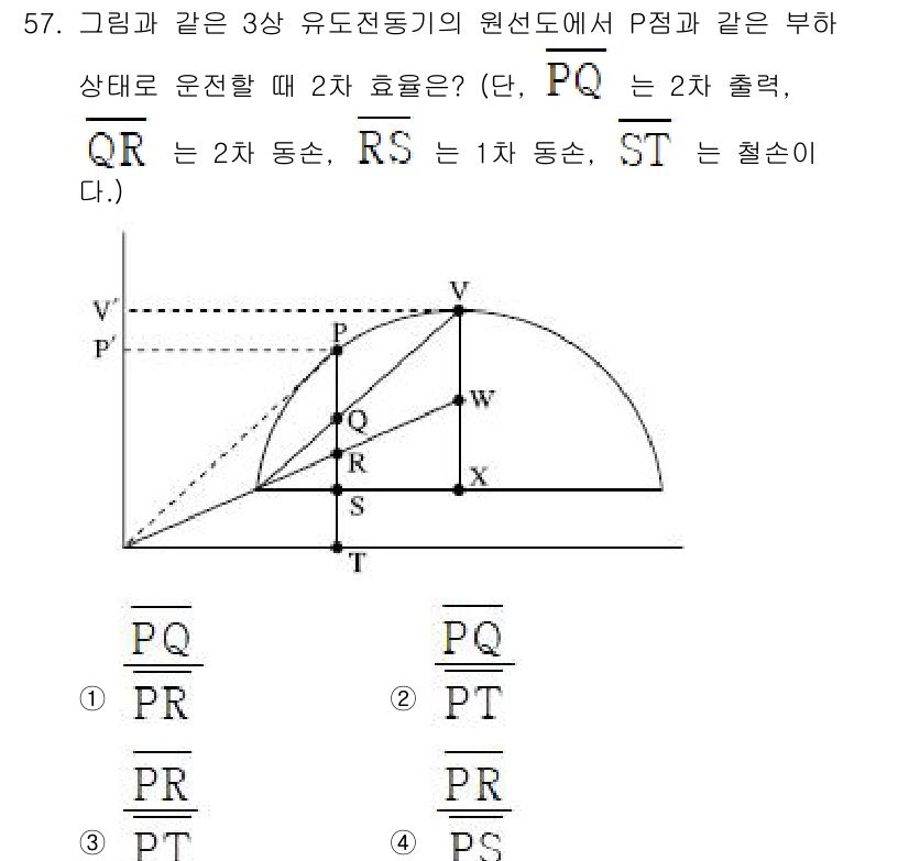 전기공사기사 2021년 57번 - 문제에서 주어진 도형은 3상 유도전동기의 벡터 전압을 나타내며, PQ, ... 에 관한 핵심 기출문제