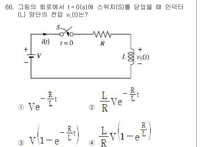 전기공사기사 2021년 66번 - 주어진 회로에서 스위치를 t=0에서 닫았을 때, 인덕터 L의 전압은 인덕... 에 관한 핵심 기출문제