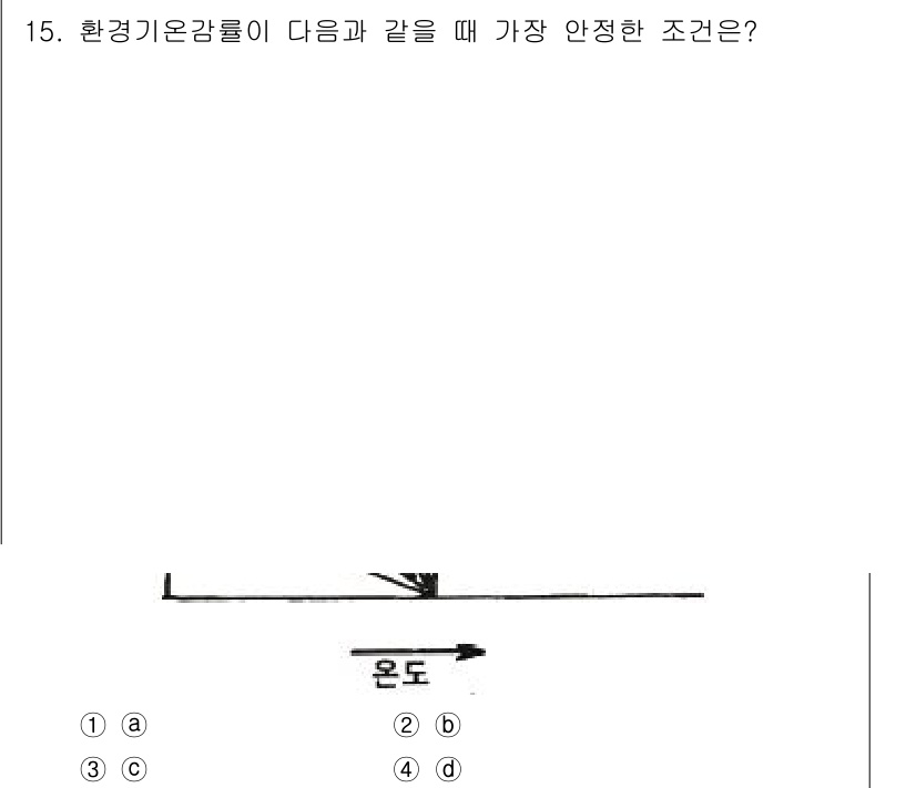 대기환경기사 2021년 15번 - 환경기온감률이 아래로 갈 때, 이는 공기 안정화와 관련이 있으며, 온도의... 에 관한 핵심 기출문제