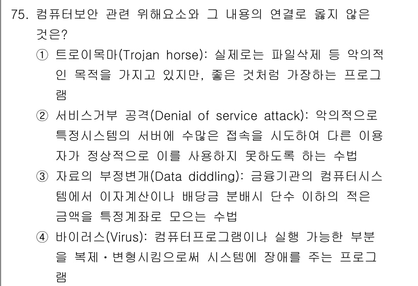 경비지도사_1차(법학개론,민간경비론) 2021년 74번 - 4번은 바이러스 관련 설명으로, 컴퓨터 프로그램이 컴퓨터의 일부를 복제하... 에 관한 핵심 기출문제