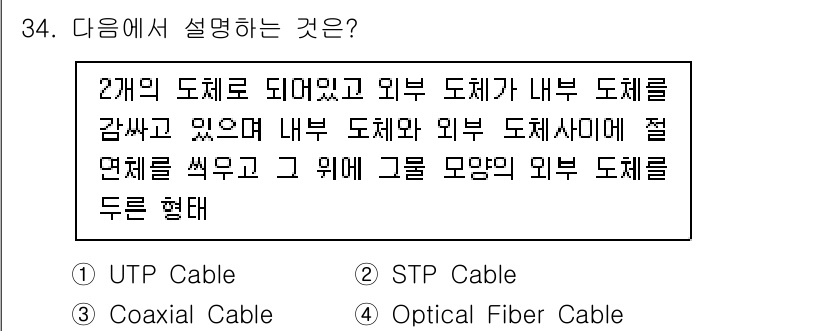 경비지도사_2차(기계경비기획및설계) 2021년 34번 - . Optical Fiber Cable

광섬유 케이블은 내부 도체와 외... 에 관한 핵심 기출문제