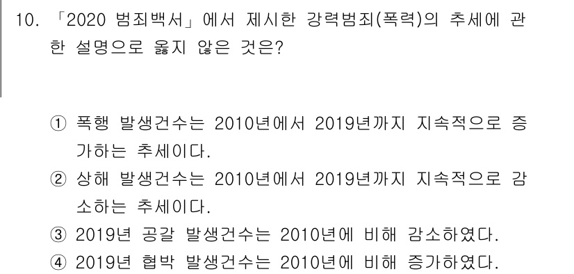 경비지도사_2차(범죄학) 2021년 10번 - 2020년 범죄백서에 따르면, 폭행 발생률은 2010년부터 2019년까지... 에 관한 핵심 기출문제
