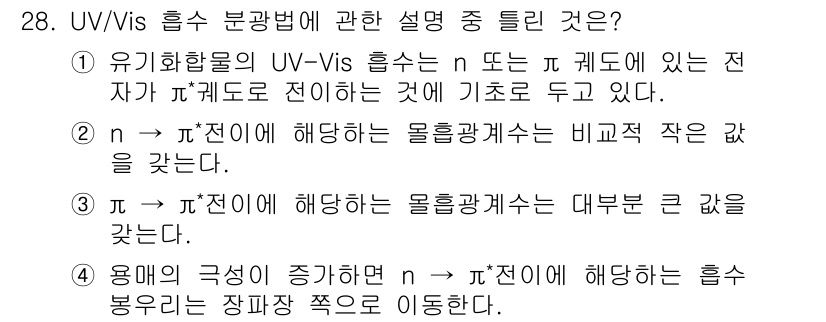 화학분석기사(구) 2021년 29번 - UV/Vis 흡수 분광법에서 π → π* 전이는 유기 화합물에서 전자들이... 에 관한 핵심 기출문제