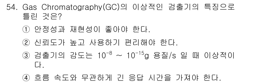 화학분석기사(구) 2021년 55번 - 가스 크로마토그래피(GC)의 이상적인 검출기는 높은 감도와 재현성이 요구... 에 관한 핵심 기출문제