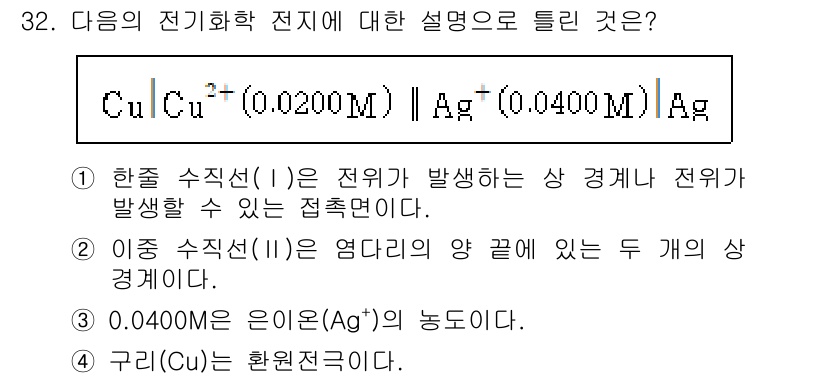 화학분석기사 2021년 33번 - 주어진 전지의 반응에서 이온 농도가 각각 0.0200 M 및 0.0400... 에 관한 핵심 기출문제