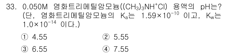 화학분석기사 2021년 34번 - 주어진 염화메틸암모늄(CH₃)₃NHCl의 pH를 구하기 위해, 이온화 상... 에 관한 핵심 기출문제