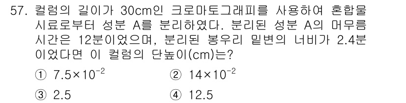 화학분석기사 2021년 58번 - 이 문제는 크로마토그래피에서의 분리 속도를 계산하는 것으로, 성분 A의 ... 에 관한 핵심 기출문제