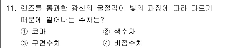 광학기사 2021년 11번 - . 색수차  
렌즈의 굴절률 차이로 인해 빛의 파장이 다르게 굴절되면서 ... 에 관한 핵심 기출문제