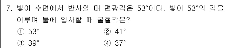 광학기사 2021년 7번 - 빛이 수면에서 반사할 때 편광각이 53°라면, 이 각도는 빛의 입사각과 ... 에 관한 핵심 기출문제