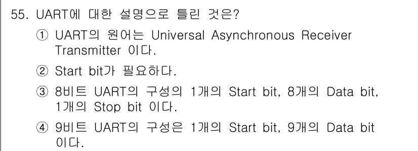 전자계산기제어산업기사(구) 2016년 56번 - 9비트 UART의 구성은 1개의 Start bit, 9개의 Data bi... 에 관한 핵심 기출문제