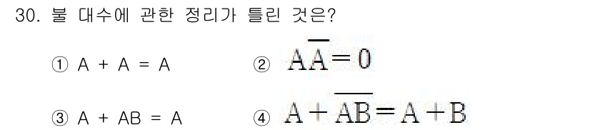 전자계산기제어산업기사 2016년 31번 - 불 대수에서 \( \overline{A} \cdot A = 0 \)라는 ... 에 관한 핵심 기출문제