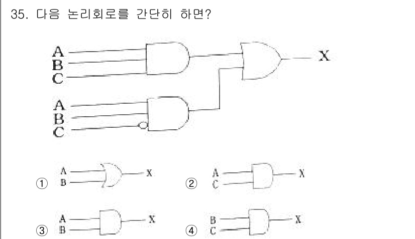 전자계산기제어산업기사 2016년 36번 - 주어진 논리 회로는 AND와 OR 게이트가 결합된 형태로 보입니다. 각 ... 에 관한 핵심 기출문제