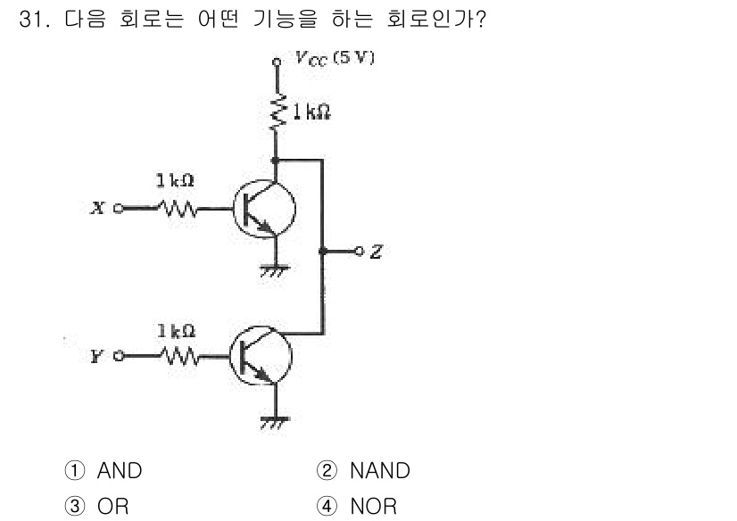 전자계산기제어산업기사(구) 2017년 31번 - 주어진 회로는 두 개의 트랜지스터가 직렬로 연결되어 있습니다. 입력 신호... 에 관한 핵심 기출문제