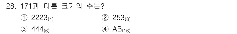 전자계산기제어산업기사 2017년 28번 - 정답은 3번 444(6)입니다. 171을 6진수로 변환하면 2×6² + ... 에 관한 핵심 기출문제