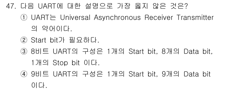 전자계산기제어산업기사 2017년 47번 - 9비트 UART는 1개의 Start bit, 8개의 Data bit, 그... 에 관한 핵심 기출문제