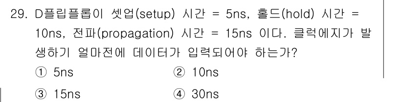 전자계산기제어산업기사(구) 2019년 29번 - D플립플롭의 입력 데이터가 클럭 신호에 안정적으로 반영되기 위해서는 데이... 에 관한 핵심 기출문제