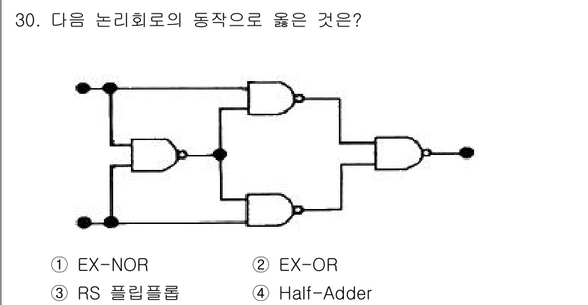 전자계산기제어산업기사(구) 2019년 30번 - 정답 2인 EX-OR 게이트는 두 입력이 서로 다를 때만 출력이 1인 논... 에 관한 핵심 기출문제