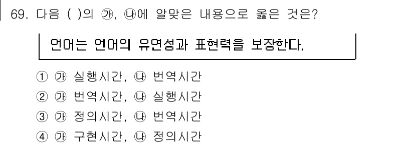 전자계산기제어산업기사(구) 2019년 69번 - 정답은 ② 번역시 간입니다. 번역시 간은 주어진 내용을 다른 언어로 변환... 에 관한 핵심 기출문제