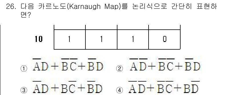 전자계산기제어산업기사(구) 2020년 26번 - 주어진 카르노 맵에서 1의 위치를 기준으로 간단한 논리식을 도출하면, 격... 에 관한 핵심 기출문제