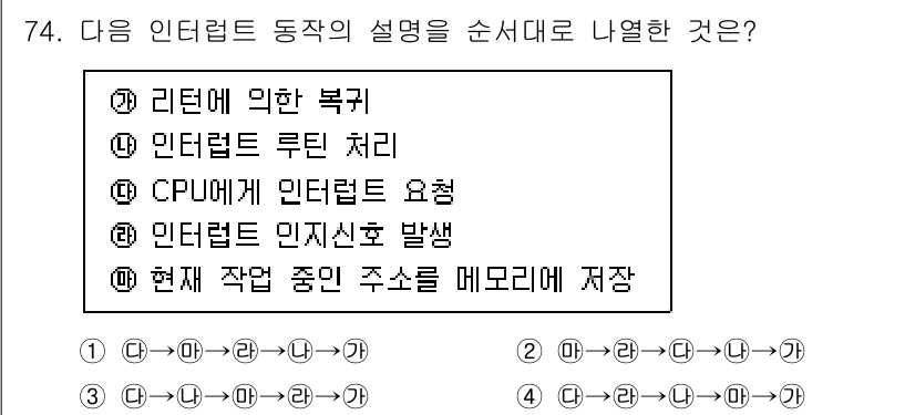전자계산기제어산업기사 2020년 74번 - 인터럽트 발생 후 CPU는 현재 작업 중인 내용을 메모리에 저장하고, 인... 에 관한 핵심 기출문제