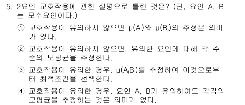 품질경영기사 2021년 5번 - 교호작용이 유의하지 않으면, 주효과가 전체적으로 영향을 미친다는 것을 의... 에 관한 핵심 기출문제