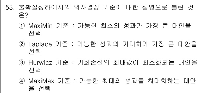 품질경영기사 2021년 54번 - Laplace 기준은 가능한 성과의 기대값을 최대화하는 대안을 선택하는 ... 에 관한 핵심 기출문제