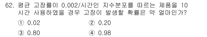 품질경영기사 2021년 63번 - 주어진 평균 고장률이 0.002/시간이므로, 10시간 동안의 고장률은 0... 에 관한 핵심 기출문제