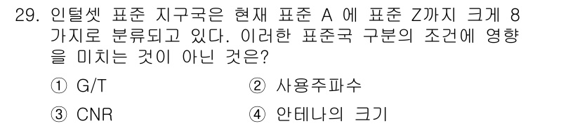 무선설비산업기사 2021년 29번 - 정답은 3번 '안테나의 크기'입니다. 인텔셋 표준 지역은 신호 전파의 특... 에 관한 핵심 기출문제