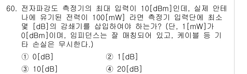 무선설비산업기사 2021년 60번 - 주어진 문제에서 전력의 최대 입력이 10 dBm이고, 실제 입력 전력이 ... 에 관한 핵심 기출문제