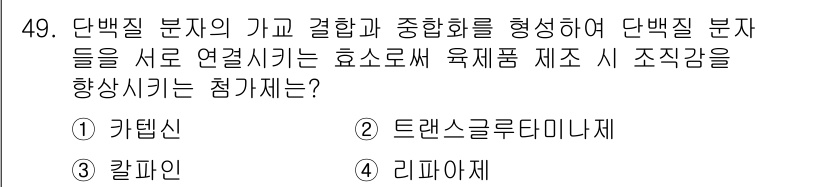 식육가공기사 2021년 49번 - 정답은 2. 트랜스글루타미나제입니다. 이 효소는 단백질의 결합을 강화시켜... 에 관한 핵심 기출문제