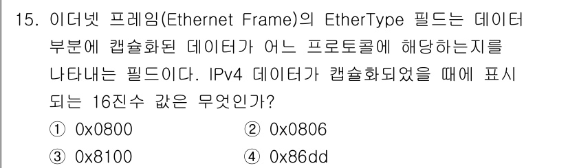 네트워크관리사_2급 2021년 16번 - . 

이더넷 프레임의 EtherType 필드는 상위 프로토콜을 나타내며... 에 관한 핵심 기출문제