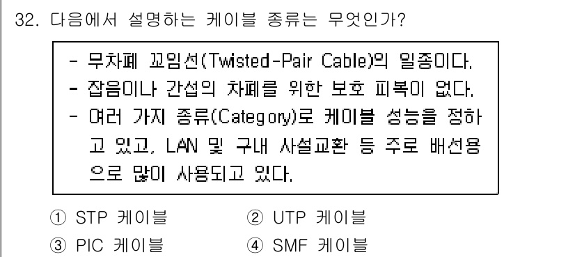 통신설비기능장 2021년 32번 - (UTP 케이블)

해설: UTP 케이블은 무차별 꼬임 방식으로 외부 간... 에 관한 핵심 기출문제
