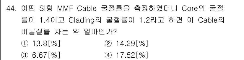 통신설비기능장 2021년 44번 - 주어진 SI형 MMF Cable의 Core와 Cladding의 비굴절률을... 에 관한 핵심 기출문제
