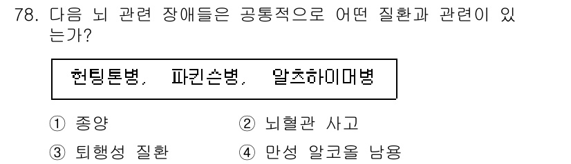 임상심리사_2급 2021년 78번 - 정답은 3번 "알츠하이머병"입니다. 알츠하이머병은 신경세포의 퇴화로 인한... 에 관한 핵심 기출문제