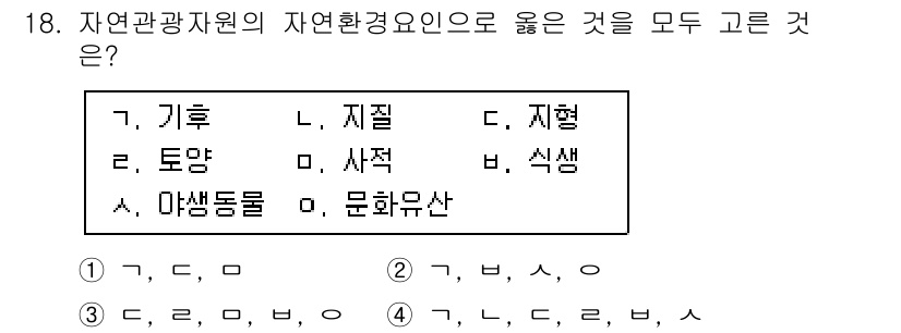 국내여행안내사_1차 2021년 18번 - . 지형, 사막, 식생은 모두 자연환경 요소에 해당한다. 기후와 토양은 ... 에 관한 핵심 기출문제