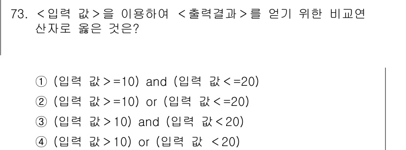 측량및지형공간정보기사 2021년 73번 - 3번의 조건은 "입력 값이 10보다 크고, 출력 값이 20보다 작거나 같... 에 관한 핵심 기출문제