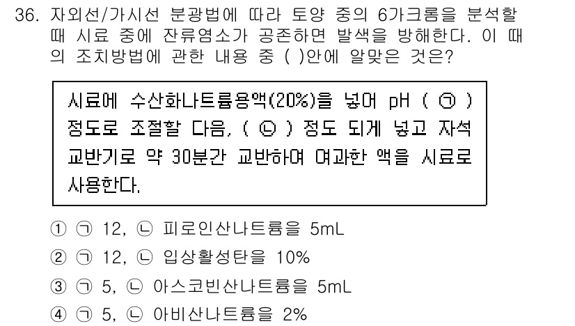토양환경기사 2021년 36번 - 시료 중 수산화나트륨 수용액은 pH 조절제로 사용되며, 이를 통해 시료의... 에 관한 핵심 기출문제