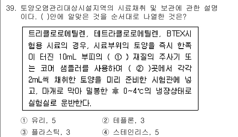 토양환경기사 2021년 39번 - BTEX 화합물의 경우, 시료를 제자리에서 적절히 채취하여 2 mL의 시... 에 관한 핵심 기출문제
