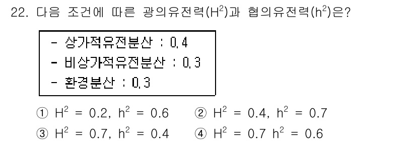 임업종묘기사 2015년 22번 - 주어진 조건에서 광의유전력(H)와 협의유전력(h)의 값을 찾기 위해 각 ... 에 관한 핵심 기출문제