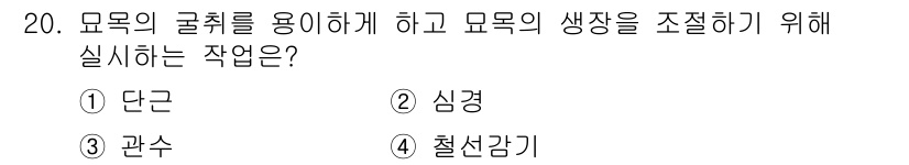임업종묘기사 2016년 20번 - 정답은 1. 단근입니다. 

단근은 묘목의 뿌리 발달을 촉진하고, 하부 ... 에 관한 핵심 기출문제