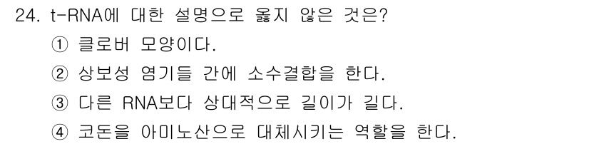 임업종묘기사 2016년 24번 - t-RNA에 대한 설명 중 옳지 않은 것은 ③입니다. t-RNA는 일반적... 에 관한 핵심 기출문제