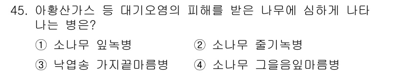 임업종묘기사 2016년 45번 - . 소나무 그린윌리마름병  
이 병은 아황산가스와 같은 대기오염물질의 피... 에 관한 핵심 기출문제
