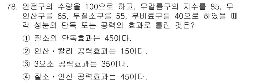 임업종묘기사 2016년 78번 - 각 성분의 단독 효과는 지수에서 해당 성분의 수치와 관련이 있습니다. 문... 에 관한 핵심 기출문제