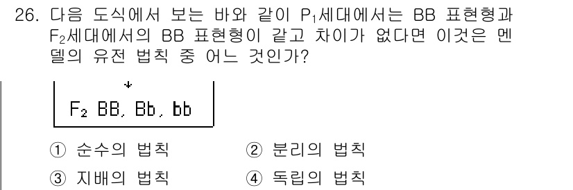 임업종묘기사 2018년 26번 - . 순수의 법칙

해설: 순수의 법칙은 두 표현형이 동일할 때 그들은 유... 에 관한 핵심 기출문제