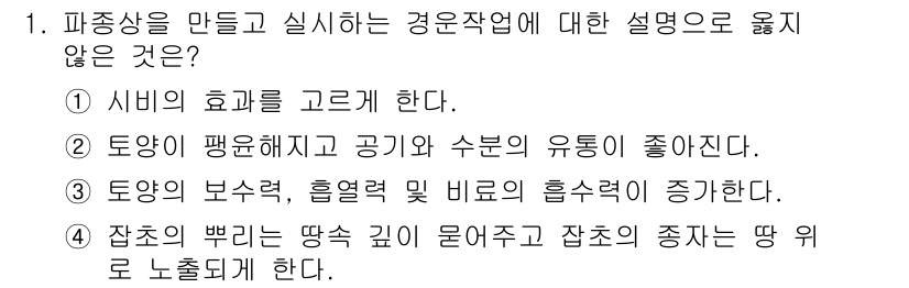 임업종묘기사 2019년 1번 - 잔초의 뿌리는 땅속 깊이 뻗지 않으며 잔초의 뿌리가 땅 속에서 차지하는 ... 에 관한 핵심 기출문제